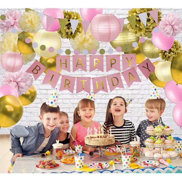 Pink Gold Paper Issue Balloon Kid Children One Year Birthday Girl 1st Birthday Decoration Set