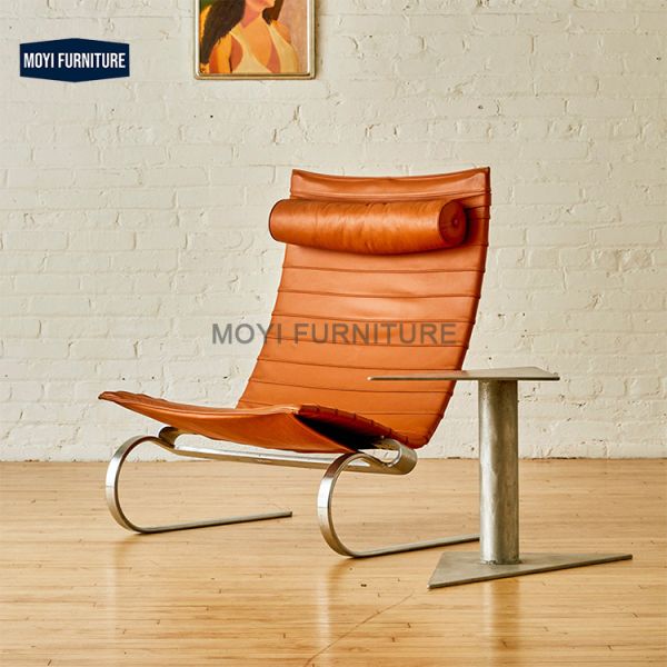Modern Lounge Chair with Black Leather Cushion and Stainless Steel Frame No Tilting Living Room Seating