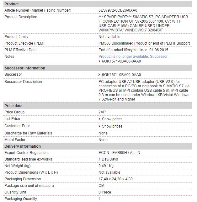USB переходника ПК 6ES7972-0CB20-0XA0 Сименс SIMATIC