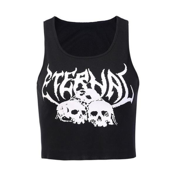 Skull Print Women Crop Top Shirt U Collar Contrasting Color