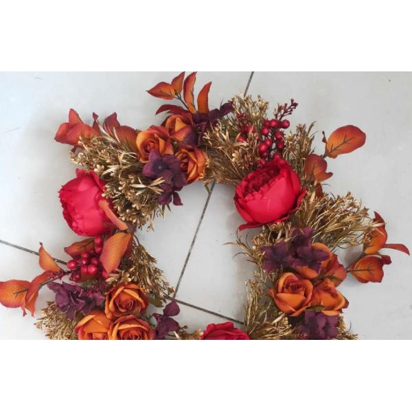 55cm Red Moutan Peony Yellow Maple Faux Flower Wreath