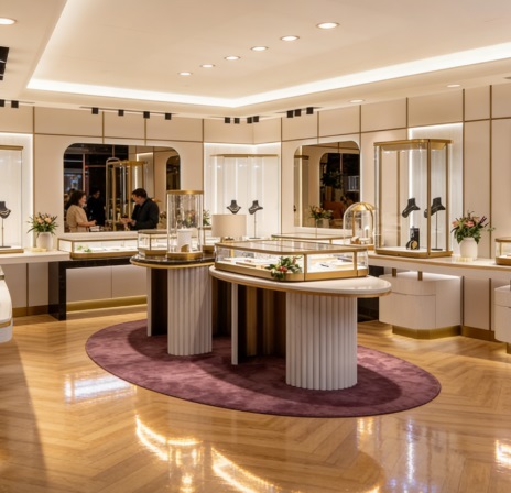 Cylindrical Jewelry Display Pedestal LED | Gold Metal Frame Glass Dome Enclosure | Luxury Counter High-End Jewelry Boutique