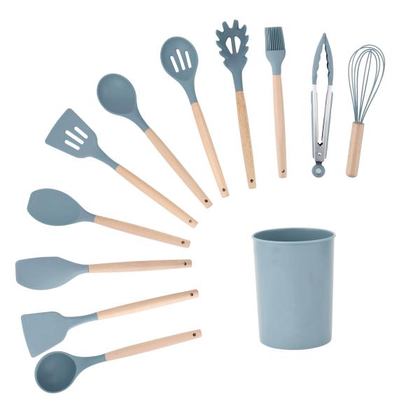 11Pcs Wooden Handle Silicone Kitchen Tools Set for 210 Degree High Temperature Cooking