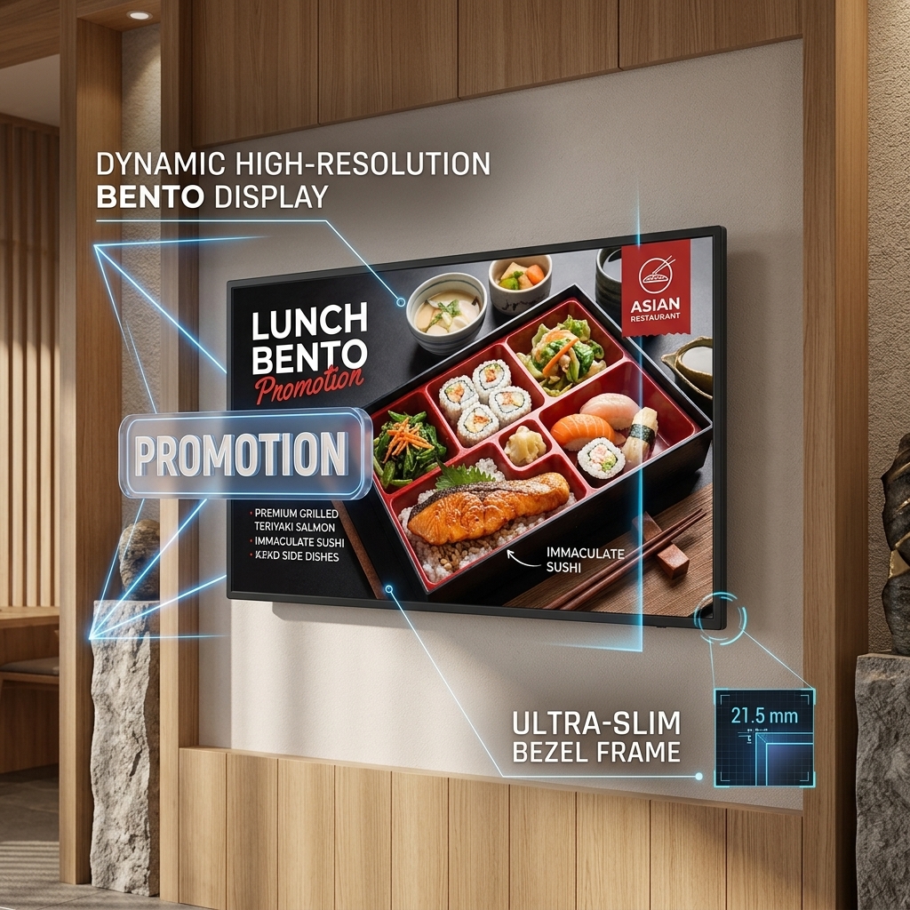 QM-4915GPW 49 Inch 4K UHD Android Digital Menu Board with Multi Screen Sync Playback for Restaurants