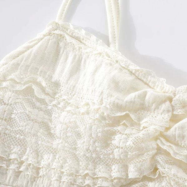 Elegant White Lace Camisole - Smocked Bodice & Ruffled Hem (White)