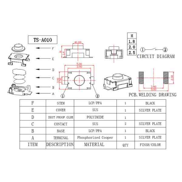 SMD / SMT Miniature Tactile Switch With Lead Free Long Travel Black Button