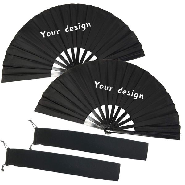 13 Inch Big Clack Large 33cm Custom Logo Printing Oxford Satin Bamboo Fan  Rave Fan for Party