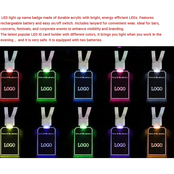Custom Acrylic LED Light Up Name Tag Badge With Lanyard Bar Concert Festival Work ID Business Card
