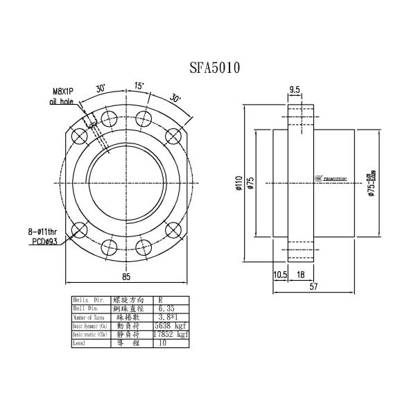 SFA5010 Cnc Ball Screw Assembly 50mm Diameter C3 C5 C7 High Rigidity