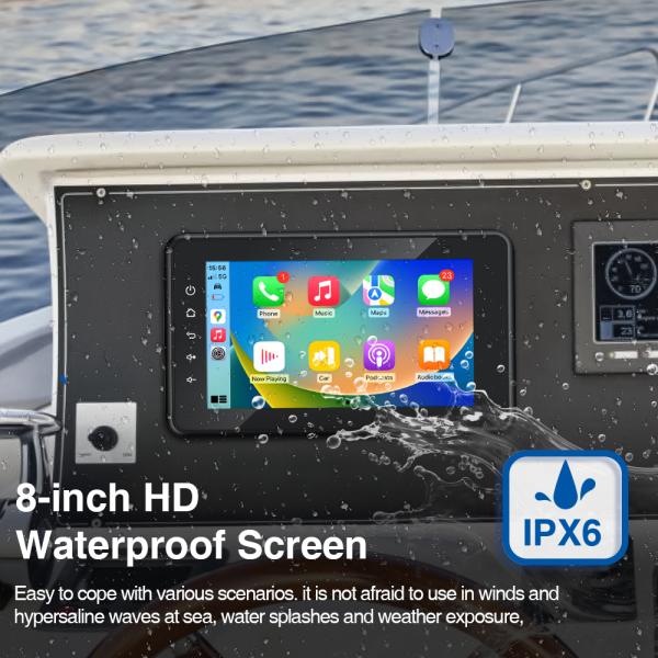 8 Inch Marine Boat Stereo Waterproof IP6X With Wireless CarPlay Android Auto For Marine Golf Cart Motorcycle