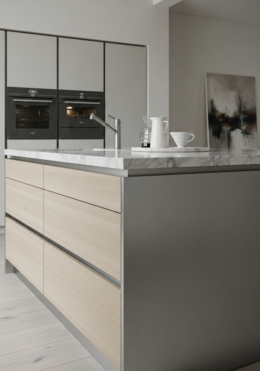 Quarter-Sawn Pale Oak Kitchen Cabinet in 304 Stainless Steel