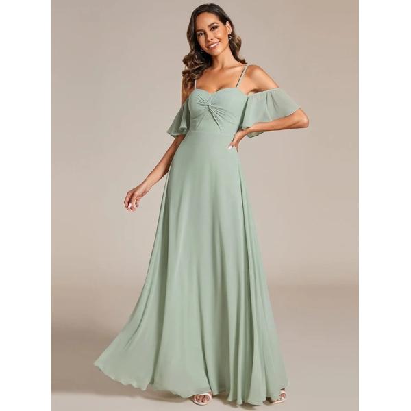 Empire A-line Ruffled Off-shoulder Spaghetti Strap Criss-cross Ruffles Sleeve Mint Green Chiffon Bridesmaid Dresses 