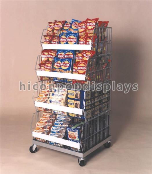 Movable Retail Store Fixtures Freestanding 4 Layer Silver Metal Snack Display Stand