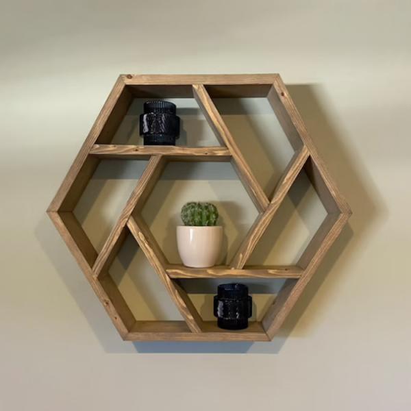 Home Decoration Solid Wood Hexagon Wall Mounted Floating Shelf Wooden Storage Shelves