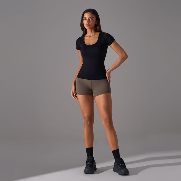 White Ribbed Knit Short Sleeve Workout Top Form Fitting Breathable