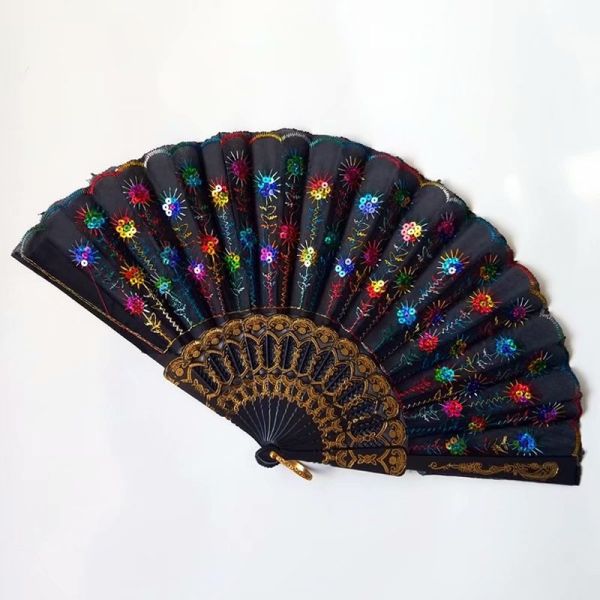 Hot Selling Foldable Hand Held Fan Black Plastic Embroidery Sequin Hand Fan