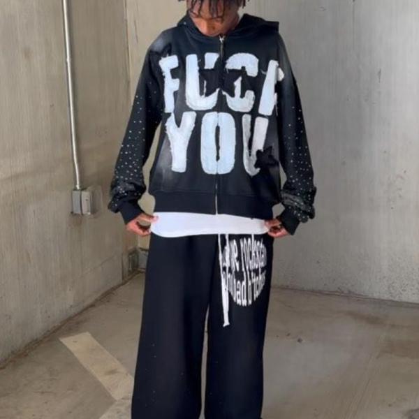 Customizable Distressed Applique Embroidery Hoodie Rhinestone Zip Hoodie O Neck