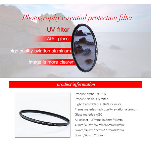 UV Protection Camera Lens UV Filter , 52mm Lens Filter Multi Coating Black Color
