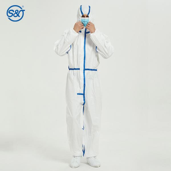 Nonwoven Disposable Microporous Coverall PE Film Coating over PP Layer Seam Sealing Strips EU Standard EN14126 Type 6
