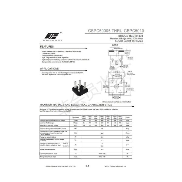 GBPC5010 50A 1KV BRIDGE RECTIFIER DIODE with Package Size 20.00cm * 40.00cm * 15.00cm
