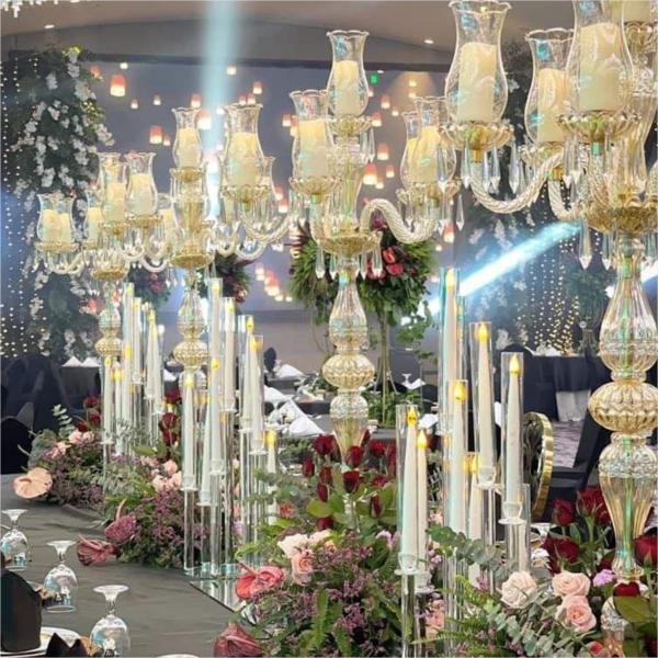 ZT-394 décoration de mariage 6 bras coupé verre tasse haut porte-bougies de couleur or chandeliers