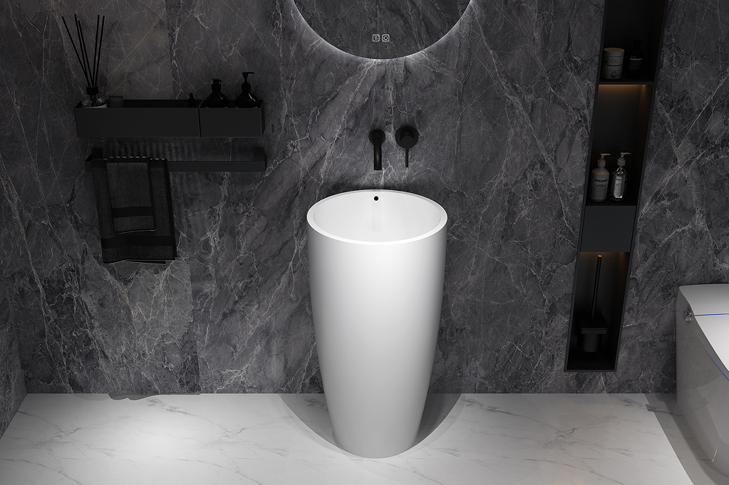 Curved Cloakroom Pedestal Basin Freestanding Micropore Free Solid Surface