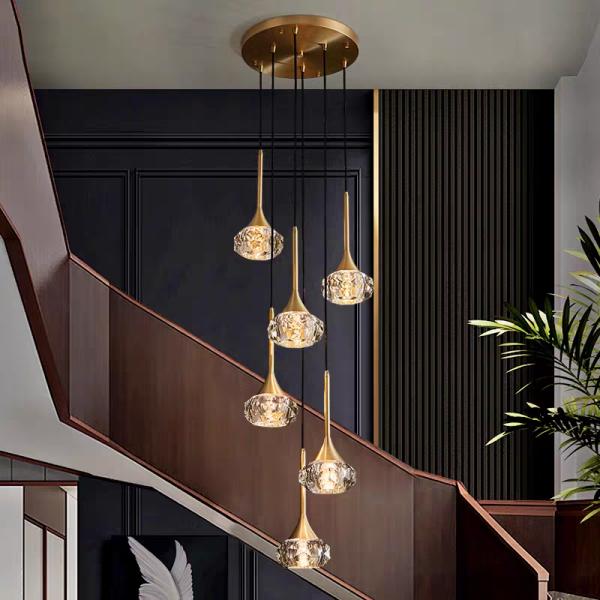 Modern Custom Gold Aluminum Long Ceiling Pendant Revolving Staircase Large Living Room Hanging Light LED Luxury Acrylic Chandelier