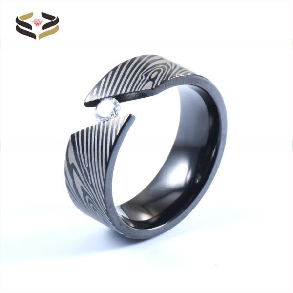 Men'S Titanium Rings Laser Damascus Steel Wood Grain Cubic Zirconia Inlayed