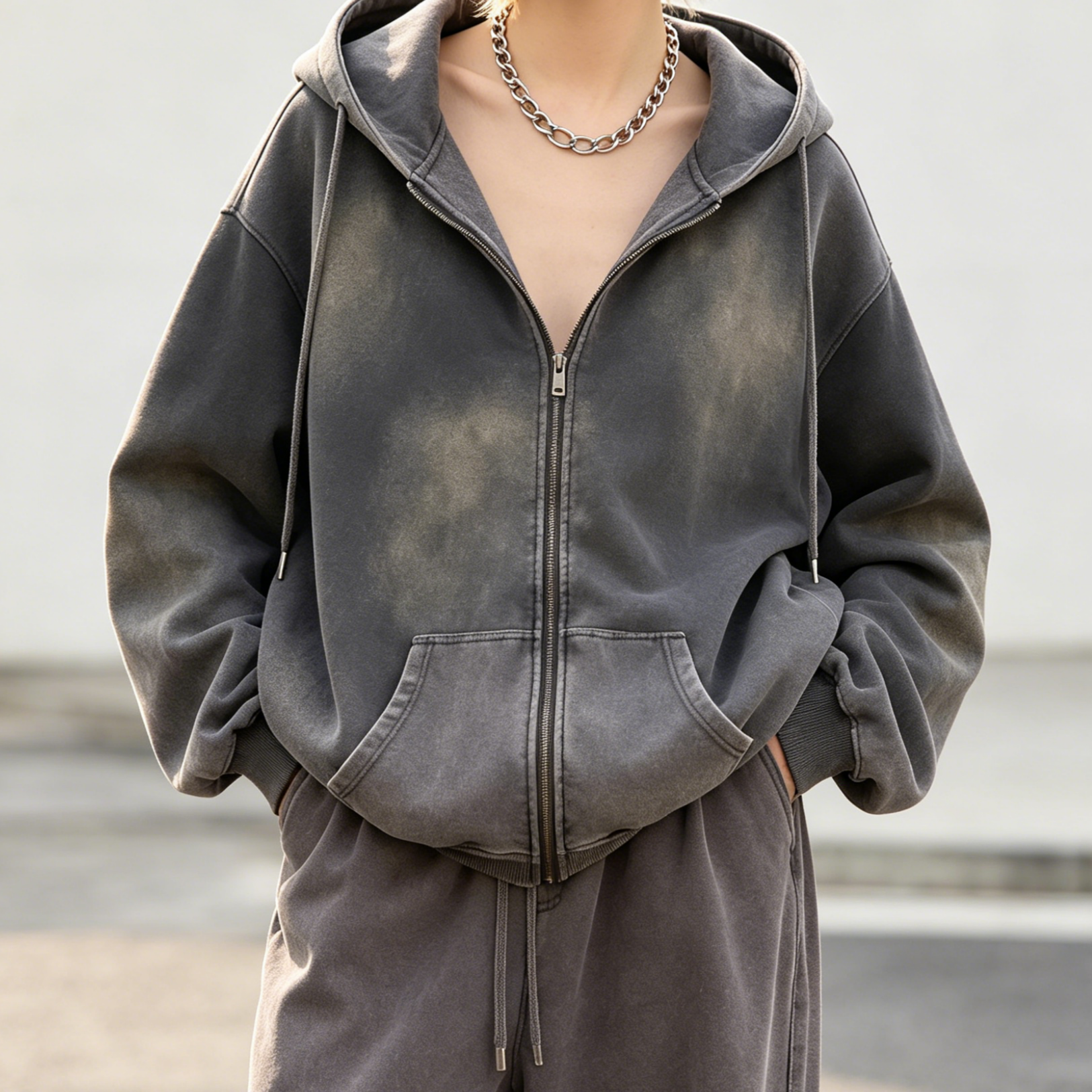 350GSM Terry Zip Up Vintage Hoodie Oversized Casual Pullover Sweatshirt Sweatpants Matching Set