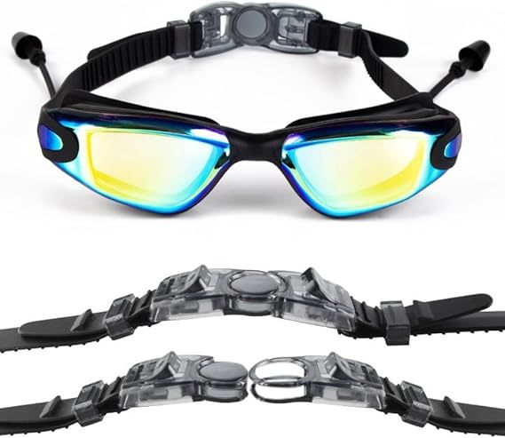 Universal Swimming Pool Goggles With Rainbow Plating And Surf Ear Plugs