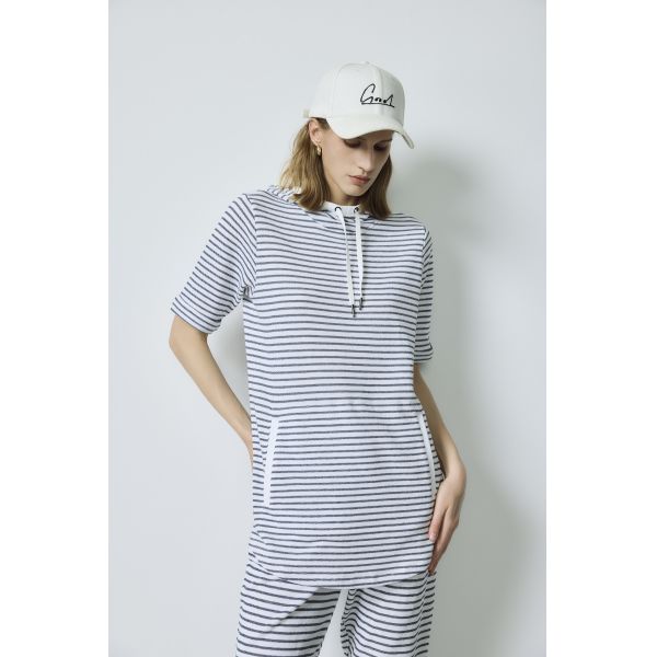 Dimpled Textured Sweatshirt Sportswear Fall Knit Striped Women'S Short Sleeve Hoodie