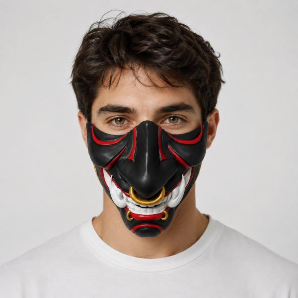 Resin Demon Half Face Mask, Black Red Oni Style Costume Mask with Gold Ring Accents for Adults, Halloween Cosplay, Masquerade Party, Festival Outfit, Photo Shoot and Stage Performance