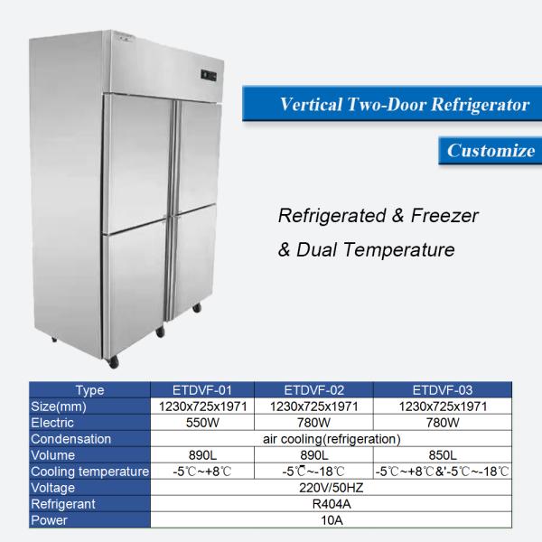 Geladeira vertical de aço inoxidável, freezer 360L, 4 portas, cozinha comercial