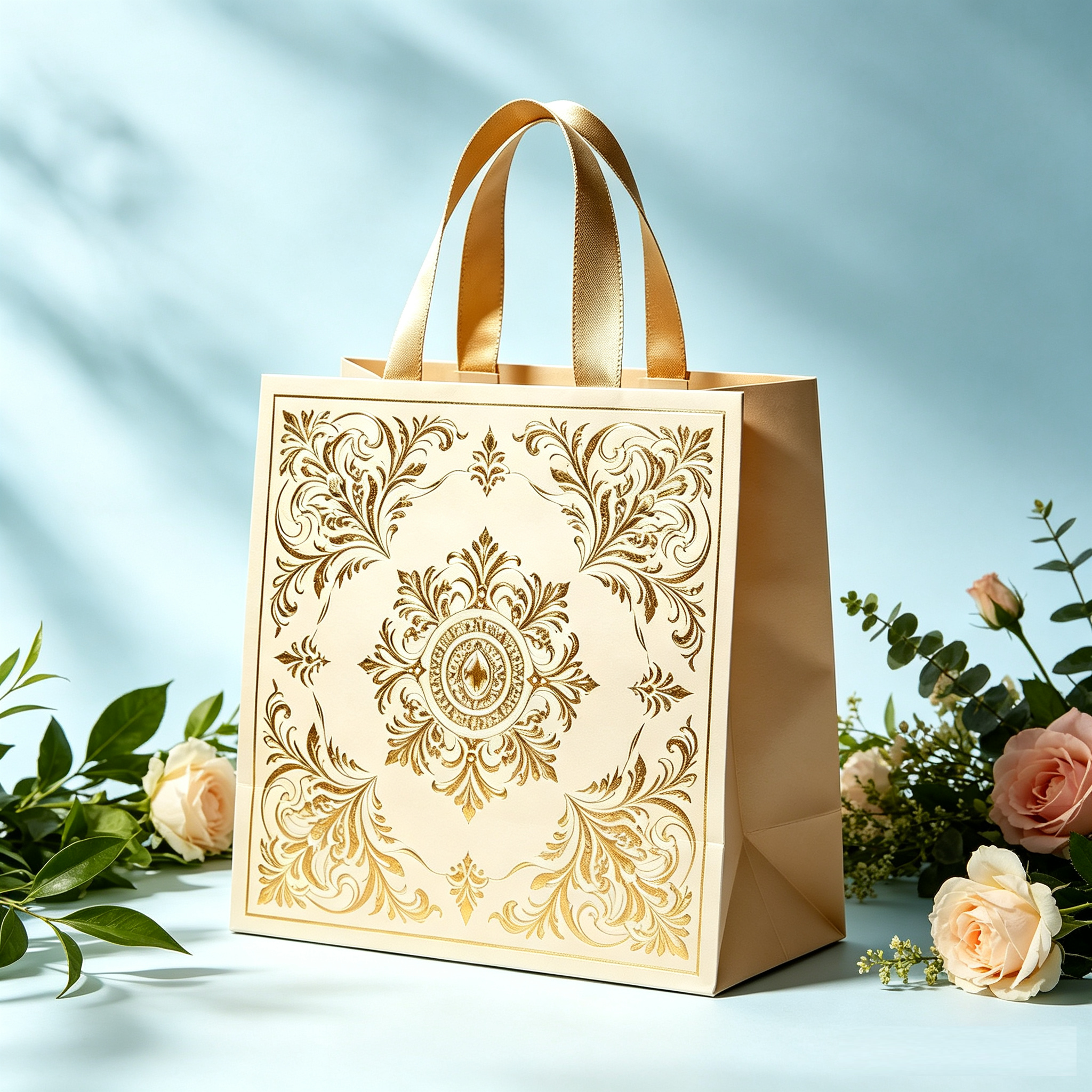 Gold Royal Shopping Paper Hand Bag Satin Handle Wide Opening Design for School,