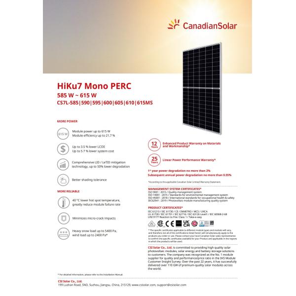 Canadian PV Solar Panel 615W Monocrystalline Solar Module with Half Cell Technology
