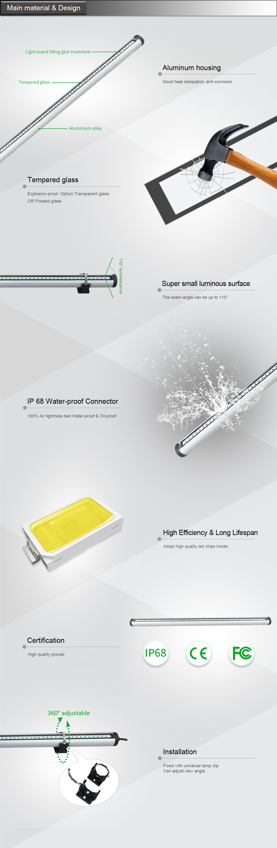 DC24V 30W LED Machine Tube Light IP68 Waterproof 6000-6500K Cool White For CNC Workshops