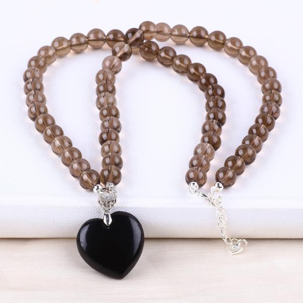 8mm Bead Black Obsidian Smoky Quartz Crystal Stone Necklace
