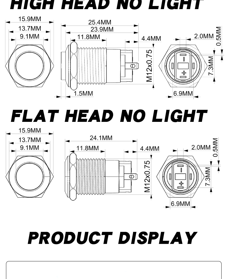 12mm Waterproof IP65 Push Button Switch Self-Locking 1NO High Level Flat Head/High Head On-Off Operation