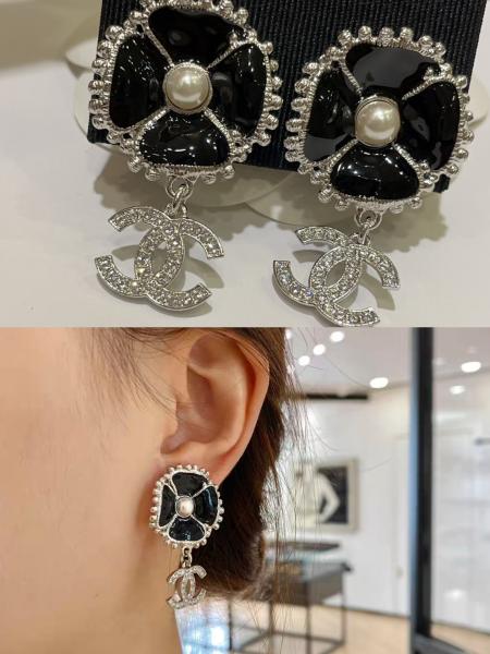 23K Gold Black Enamel Camellia Diamond Double C Drop Earrings