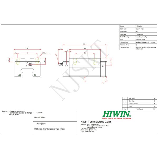 HIWIN HGH35CA Linear Guideway Linear Motion For Measuring Equipment