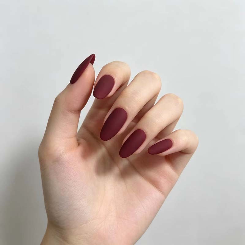 Promotion Matte Dark Red Solid Color Press On Nails 4 Shapes for Daily Wear
