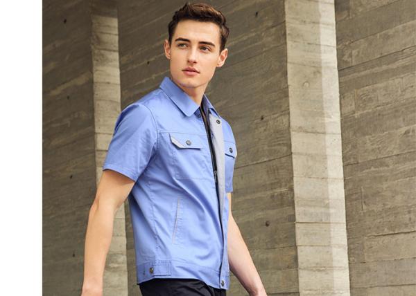 Polyester Cotton Short Sleeves Industrial Work Uniforms Twill Engineer Sky Blue