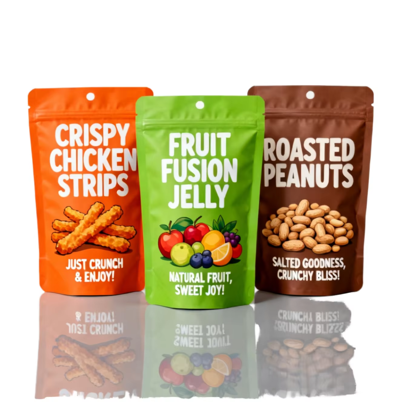 Custom Reusable Food Grade Stand Resealable Moisture Proof Plastic Bags Zipper Top for Crispy Chicken Strips Fruit Jelly Roasted