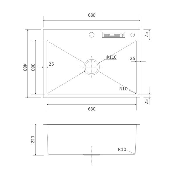 27' Undermount Single Bowl Stainless Steel Kitchen Sink 16 Gauge Knife Holder 68x48