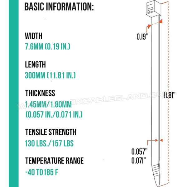 Plastic Tie Wrap 7.6x300mm Heavy-Duty Cable Tie, Ø8-80mm Adjustable Nylon (PA) 6.6 Zip Tie c/w 130lbs or 157lbs Strength for Construction