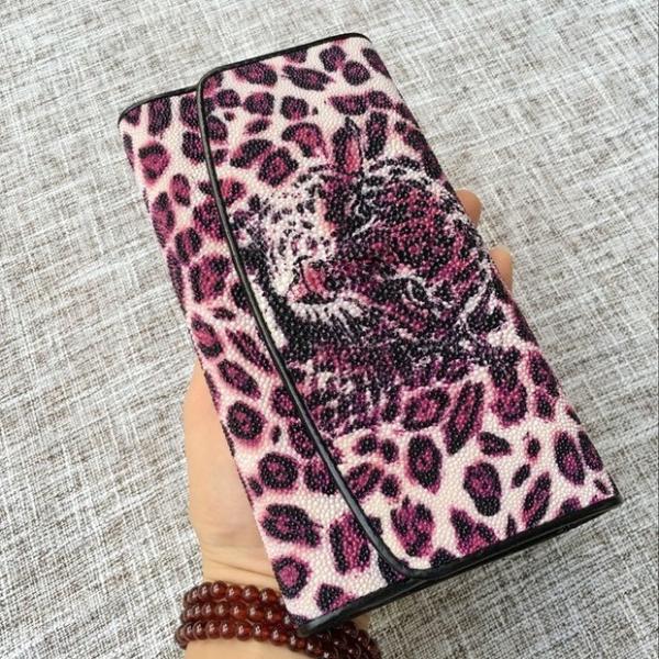 Authentic Stingray Skin Leopard Tiger Designer  Long Wallet Genuine Leather Women Large Clutch Purse Lady Card Holder