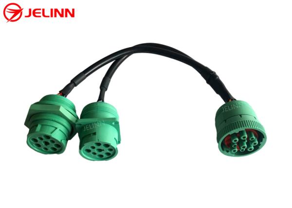 Green Deutsch 9 Pin J1939 Female to J1939 Male Square Flange and Threaded J1939 Male Split Y Cable