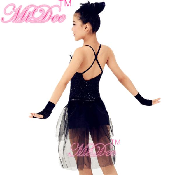 Black Swan Feather Neckline Jazz Dance Outfits With Back Side Suttle Velvet Shorts