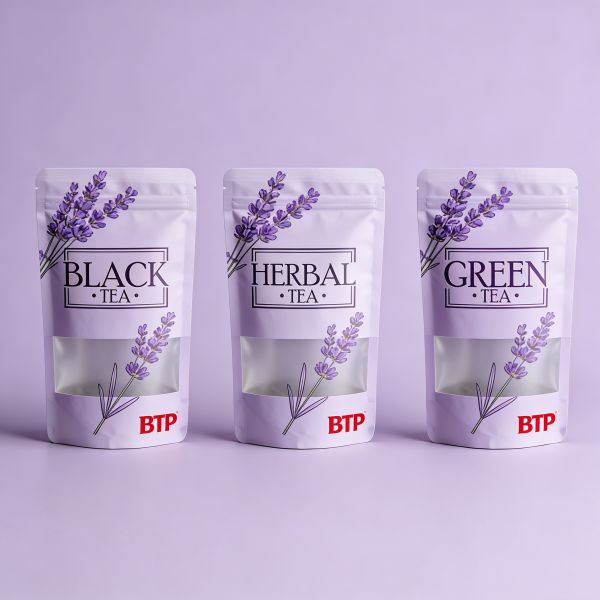 Custom Logo Heavy-Duty Durable Food Grade BPA Free PE Tea Stand up Pouch with Resealable Zipper Top Tear Notch & Clear Window