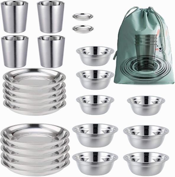 Stainless Steel Camping Plates Cups And Bowls Set. Camping Dish Set, Camping Mess Kits, Dinnerware Set